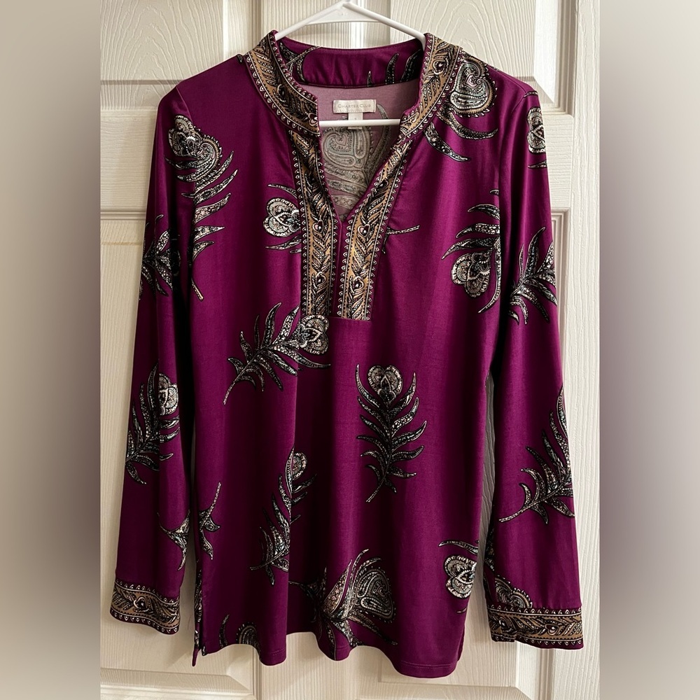 CHARTER CLUB~Purple Paisley Embroidered Tunic~SM